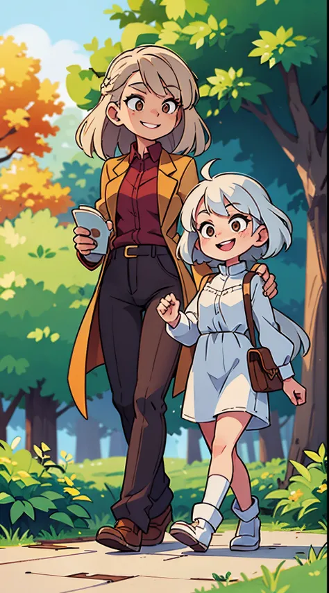 White haired female with a brown haired woman , walking in a park, long hair , smiling