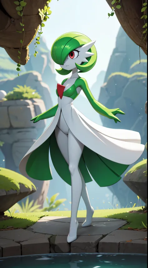 1girl, solo, gardevoir, creatures \(company\), game freak, nintendo, pokemon, pokemon \(game\), bangs, colored skin, female focu...