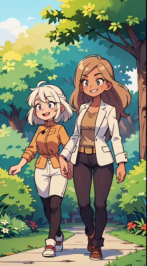 White haired female with a brown haired woman , walking in a park, long hair , smiling