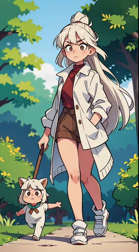 White haired female with a brown haired woman , walking in a park, long hair