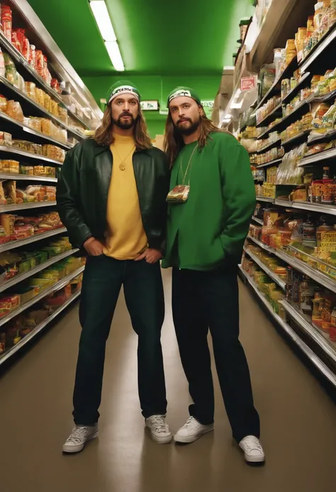 A photo of Jay and Bob at Quick Stop holding up a bag of top-shelf green,Clerks, Mallrats, Jay and Silent Bob Strike Back,Jay and Silent Bob, male