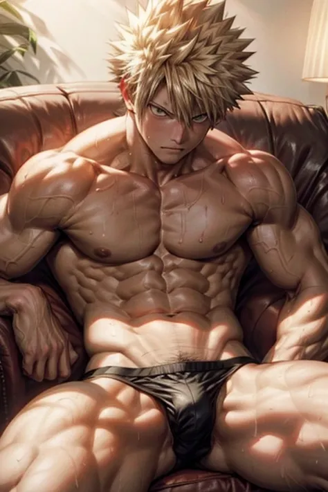 Bakugou Katsuki sitting shirtless on a sofa sweating heavily in a living room. Looking at the viewer. Shirtless, red panty