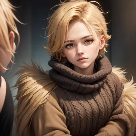 Illustrated image of a single adult female (about 19) with with short ,masculine, fluffy golden-blonde tomboyish masculine hair, messy and flowy hair, Brown eyes, black sweater, post apocalyptic themed, one person image,, ((very Short masculine hair)) one ...