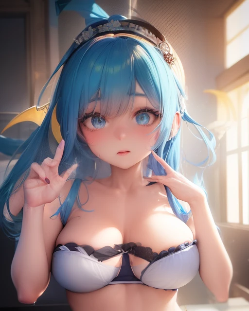 Anime girl with blue hair and blue eyes posing in a bathroom, Mikudayao, Nightcore, seductora chica de anime, Ahegao, waifu, pixiv 3dcg, Cara de Ahegao, REM REZERO, small curvy loli, Mejor valorado en Pixiv, Popular en Pixiv, Hestia, Anime Waifu, hololive,...