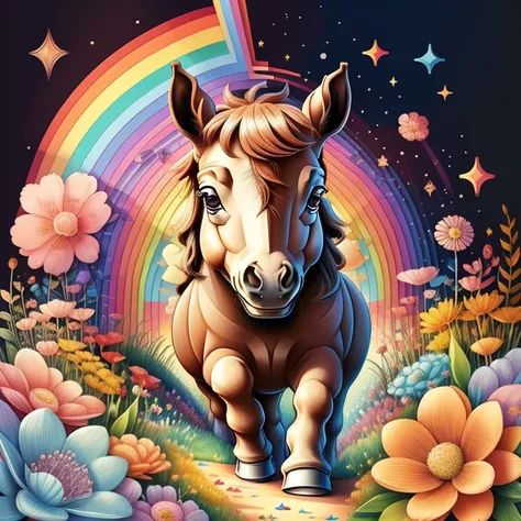 (cute brown baby pony with a rainbows and flowers), Munchkin ,Geometric multidimensional wall portrait, livro de arte, Tchibi,
Yang08k, Beautiful, Colouring,
Obras, of the highest quality, best quality, Arte Oficial, Beautiful and Aesthetic,