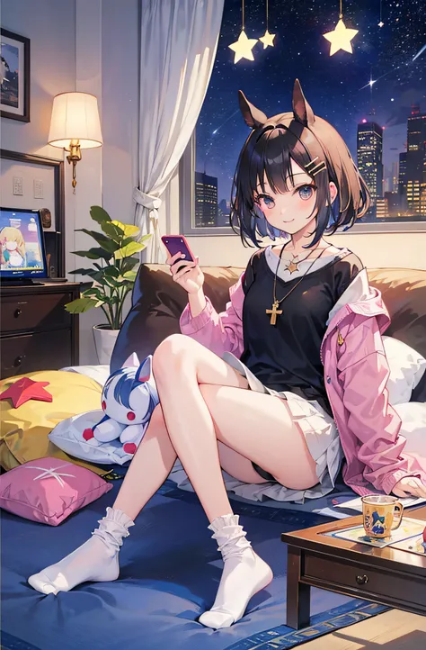 Real Life Anime.girl.girls own room.Sitting.Kotatsu..(Short black socks).Cross-legged sitting.(star pattern curtains).Smile.card game.cell phone.Star.planetarium.Nightstand.(White stuffed animal:1.2).(hair clips).(horseshoe pendant) gaming console