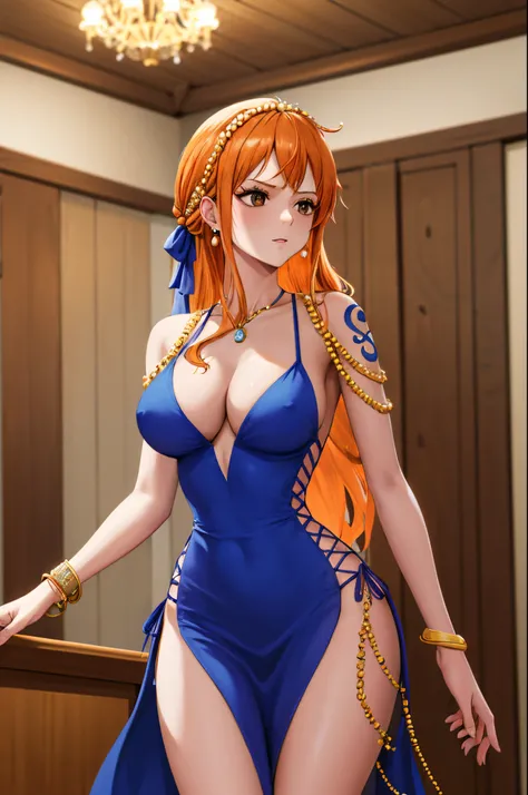 masterpiece, best quality, highres, nami (one piece), long hair, orange hair, (hair ornament:1.1), brown eyes, (jewelry:1.1), earrings, bare shoulders, shoulder tattoo, cleavage, blue dress, sleeveless, bracelet, pelvic curtain, side slit, standing, cowboy...