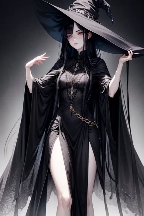 A Tall Witch with Pale Skin, Dark Eyes, and Long Black Hair