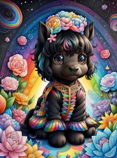 (cute black baby pony with a rainbows and flowers), Munchkin ,Geometric multidimensional wall portrait, livro de arte, Tchibi,
Yang08k, Beautiful, Colouring,
Obras, of the highest quality, best quality, Arte Oficial, Beautiful and Aesthetic,