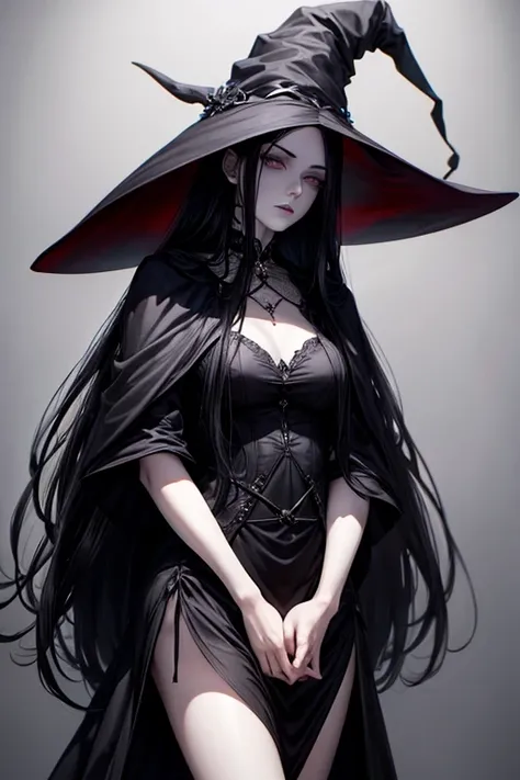 A Tall Witch with Pale Skin, Dark Eyes, and Long Black Hair