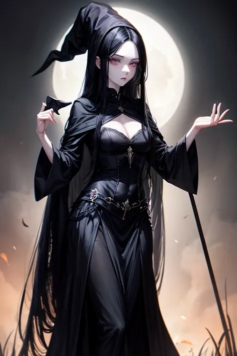 A Tall Witch with Pale Skin, Dark Eyes, and Long Black Hair