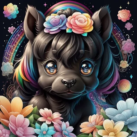 (cute black baby pony with a rainbows and flowers), Munchkin ,Geometric multidimensional wall portrait, livro de arte, Tchibi,
Yang08k, Beautiful, Colouring,
Obras, of the highest quality, best quality, Arte Oficial, Beautiful and Aesthetic,