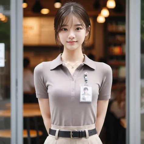 Araped woman in uniform standing in front of a store, Work Uniform, short sleeves, girl wearing uniform, Wearing a polo shirt, jk uniform, jaeyeon nam, Work Uniform, Lee Ji-eun, Izzy-silver(Lee Ji - Eun), Korean woman fashion model, Korean Girl, casual clo...