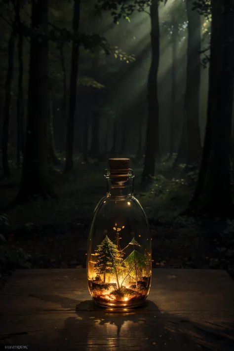 (An intricate forest minitown landscape trapped in a bottle), atmospheric oliva lighting, on the table, 4k UHD, dark vibes, hyper detailed, vibrant colours forest background, epic composition, octane render, sharp focus, high resolution isometric