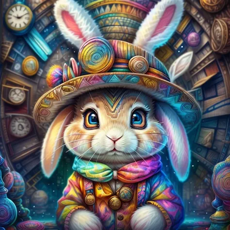 (cute bunny with a hat and a lots of clocks),(melhor pose),(best angle), (better expression), Eduardo Kobra acolchoamento ,multidimensional geometric wall PORTRAIT, arte, Chibi,
Yang08k, lindo, Colouring,
Primary works, qualidade superior, melhor qualidade...