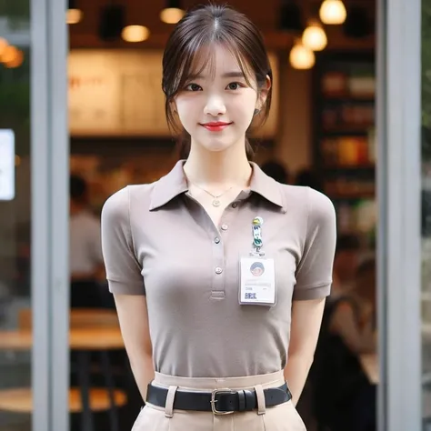 Araped woman in uniform standing in front of a store, Work Uniform, short sleeves, girl wearing uniform, Wearing a polo shirt, jk uniform, jaeyeon nam, Work Uniform, Lee Ji-eun, Izzy-silver(Lee Ji - Eun), Korean woman fashion model, Korean Girl, casual clo...