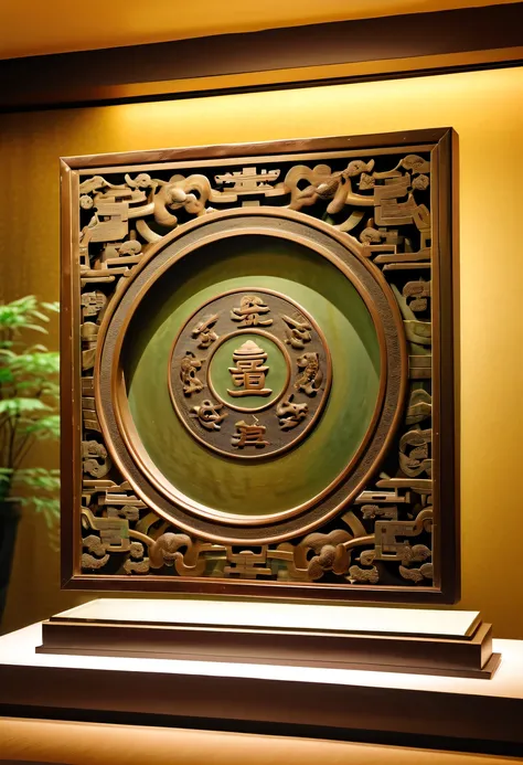 (Best quality,4K,A high resolution,ultra - detailed,actual:1.2),Ancient Chinese Bronze Theme Park，Ancient Chinese bronze mirrors on display shelves,