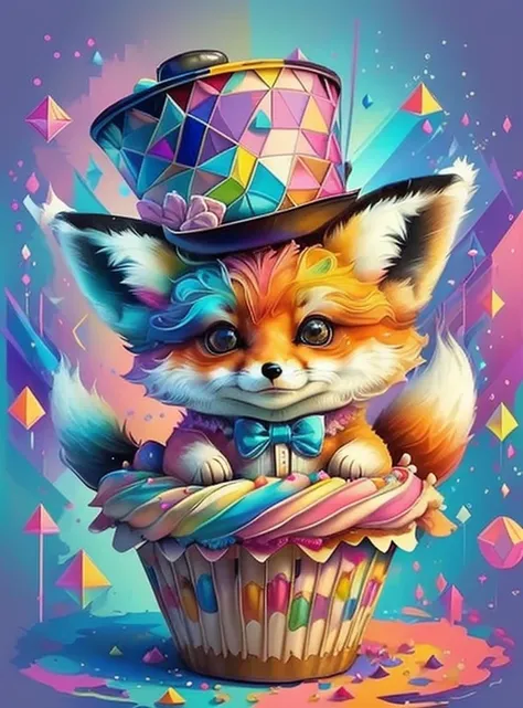 (cute baby fox with top hat with big cupcake),(melhor pose),(best angle), (better expression), Eduardo Kobra acolchoamento ,multidimensional geometric wall PORTRAIT, arte, Chibi,
Yang08k, lindo, Colouring,
Primary works, qualidade superior, melhor qualidad...