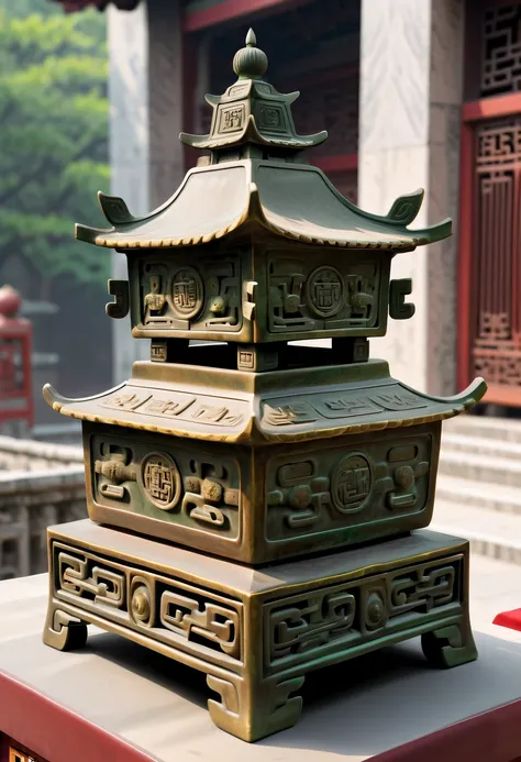 (Best quality,4K,A high resolution,ultra - detailed,actual:1.2),Ancient Chinese Bronze Theme Park，Ancient Chinese bronze square-shaped binaural ritual vessel,