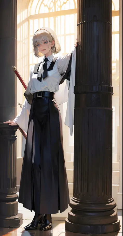 (Higher resolution, distinct image) best qualtiy, girl with,  masutepiece, Highly detailed, semi - realistic,Very short, short-hair, silver blond,Blue eyes, 年轻, Tall and strong, black robes, White shirt, red necktie,student clothes,Hogwarts,Gryffindor Dorm...