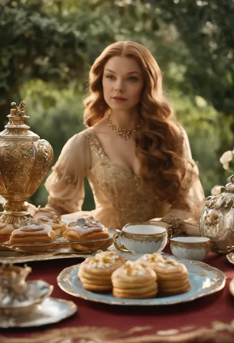 A beautifully arranged tea set with elegant porcelain cups, a silver teapot, and a plate of delicious pastries,HBOs Game of Thrones,Margaery is pretty with curly auburn hair, a heart shaped face, green eyes, wears sky blue dresses with gold jewelry, famous...