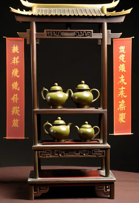 (Best quality at best,4K,A high resolution,ultra - detailed,actual:1.2),Ancient Chinese Bronze Theme Park，Ancient Chinese bronze tea sets on display shelves,