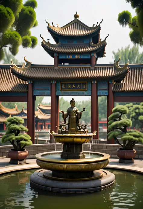 (Best quality,4K,A high resolution,ultra - detailed,actual:1.2),Ancient Chinese Bronze Theme Park，Ancient Chinese Bronze Fountain,