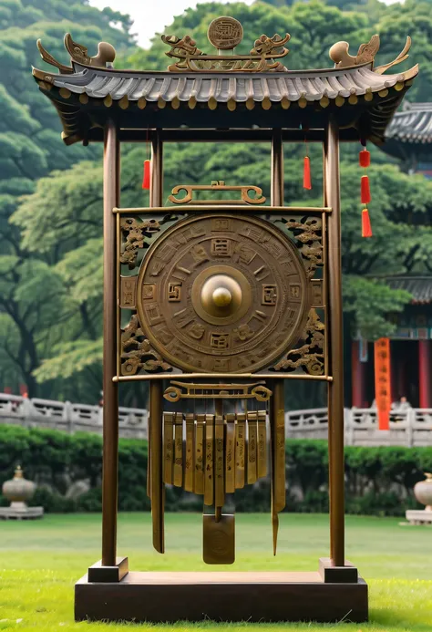 (Best quality at best,4K,A high resolution,ultra - detailed,actual:1.2),Display of ancient Chinese bronzes，Huge ancient bronze instruments chime on the lawn,