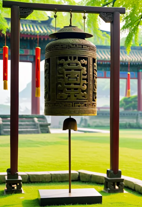 (Best quality,4K,A high resolution,ultra - detailed,actual:1.2),Huge ancient bronze chime on the lawn,Display of ancient Chinese bronzes，