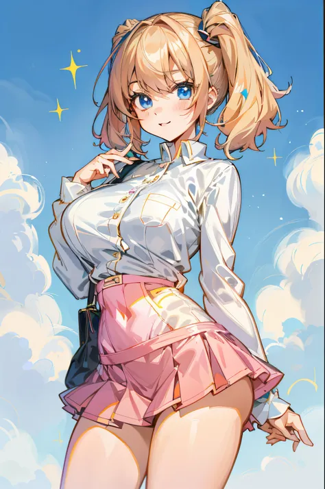 a woman in a short skirt and a white shirt is posing, seductive anime girl, attractive anime girl, fluffy pink anime clouds, anime girl, pretty anime girl, anime visual of a cute girl, high quality anime artstyle, cute anime girl, an anime girl, beautiful ...