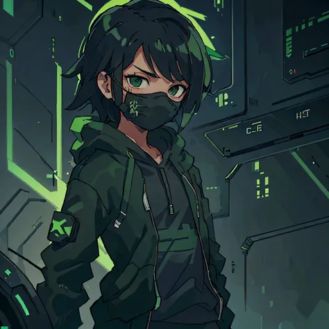 Black boy, Green and black clothing, hoodie, hacker, matrix code, mask