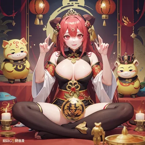 pig woman with a crown, in a lotus position, anthropomorphic warrior pig, an exhausted deity, asura from chinese myth, keqing from genshin impact, zhongli from genshin impact, bison god, the god of oatmeal, dog as a god, the non-binary deity of spring, tao...