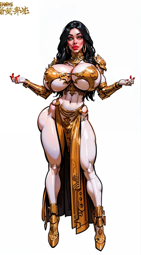 ((hovering intricate metal pieces around woman)), ((masterpiece)),(((best quality))),((character design sheet)), ((full body view)) ((cyberpunk empress)) mature face, ((middle eastern eyes:1.4)), ((gold cybernetic gown)), (((intricate futuristic breastplat...