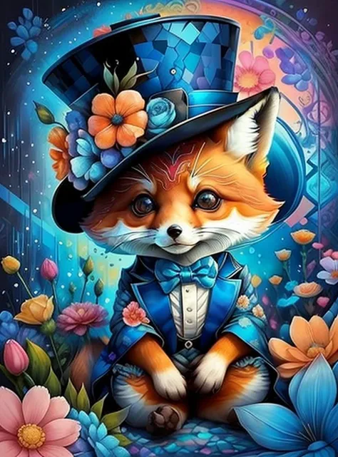 (cute baby fox with blue top hat with flowers),(melhor pose),(best angle), (better expression), Eduardo Kobra acolchoamento ,multidimensional geometric wall PORTRAIT, arte, Chibi,
Yang08k, lindo, Colouring,
Primary works, qualidade superior, melhor qualida...