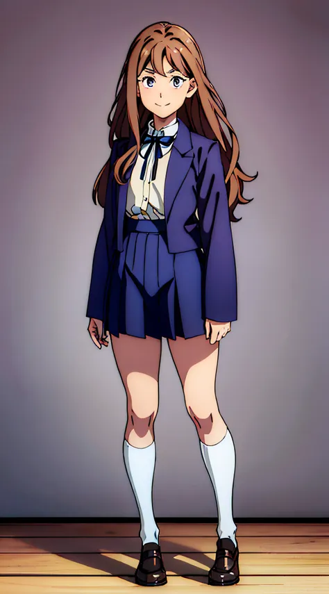 girl, long hair, light brown hair, wavy hair, gentle smile, small bust, indigo school uniform, dark purple jacket, white blouse, collared blouse, bow tie, indigo knee length skirt, white high knee socks, black loafers, freckles, Wide-Angle, anime, anime st...