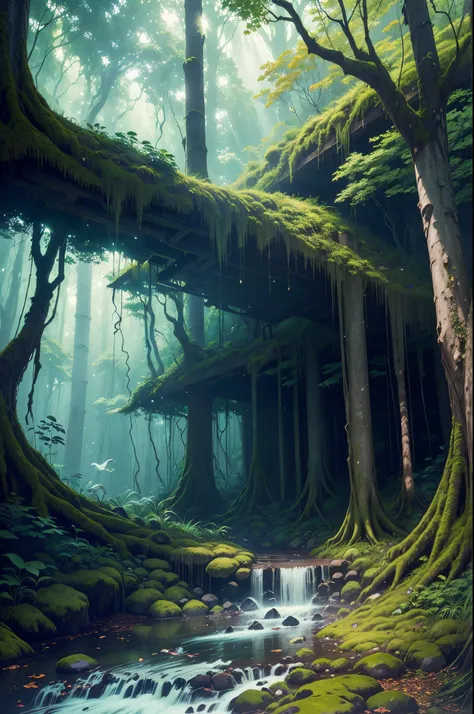 "Hidden deep within an ancient forest lies a clearing untouched by time. Sunbeams filter through the canopy, painting the forest floor with patches of golden light. Tall, moss-covered trees encircle a serene pond, its surface shimmering like liquid glass. ...