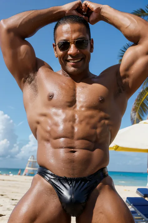 smiling muscle brazilian man, 45 years old, with shades, in tight shiny leather speedos, posing in a sunny beach. arms over head flexing his muscles.