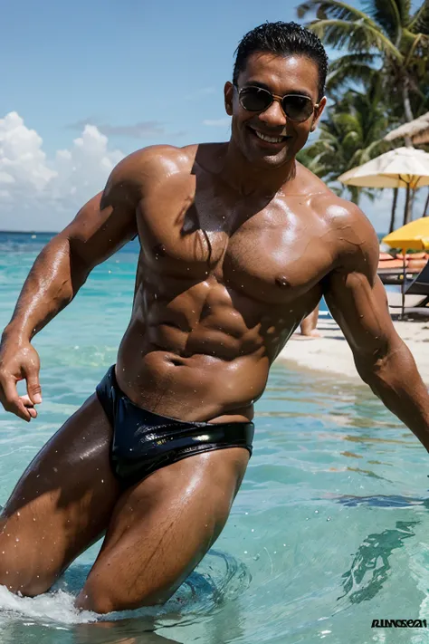 smiling muscle brazilian man, 45 years old, with shades, in tight shiny black latex speedos, posing in a sunny beach. in the water.