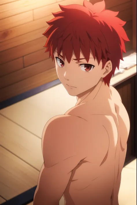 shirou, brown eyes, red hair, best quality, shirtless, topless, anime style, anime screenshot, masterpiece, best quality,