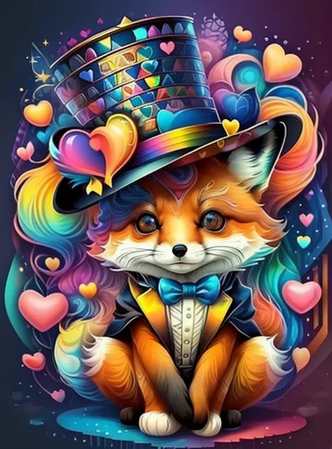 (cute baby fox with top hat with lots hearts),(melhor pose),(best angle), (better expression), Eduardo Kobra acolchoamento ,multidimensional geometric wall PORTRAIT, arte, Chibi,
Yang08k, lindo, Colouring,
Primary works, qualidade superior, melhor qualidad...