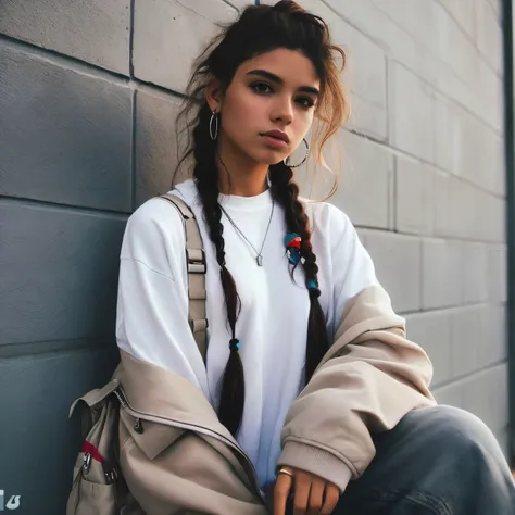 curly woman with braids sitting against a wall with a backpack, she is wearing streetwear, mulher no streetwear, girl with plaits, Woman with braided brown hair, menina vestindo capuz, moda streetwear, penteado pigtails, dois penteados pigtails, blogueira ...