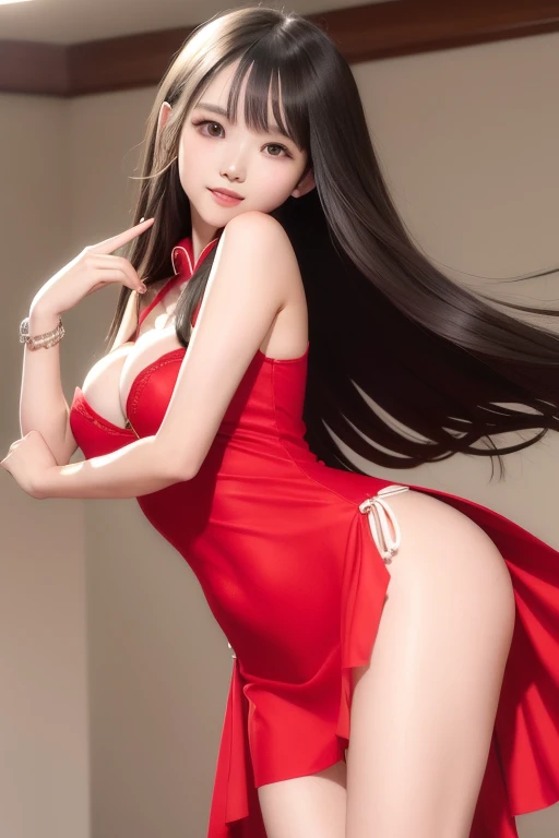 Side camera from 45 degree angle, ultra detailed, solo, young Korean woman, beautiful happy face, dressed in a long red sleeveless ((cheongsam dress)) , long dress, thick fabric, standing confidently showcasing her legs, ((leaning forward)) , holding an el...