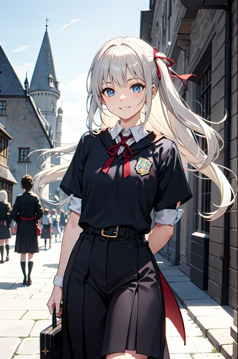 silver blond　long　poneyTail　　Red ribbon hair fastening　poneyTail　Blue eyes　　a scool girl　lovely smile　Cool Face　strong con　a cool　His arms folded　　tall　Skinny Legs　well-muscled　blue-sky　Harry Potter　hogwarts magic　School uniform　black robes　white  shirt　Re...