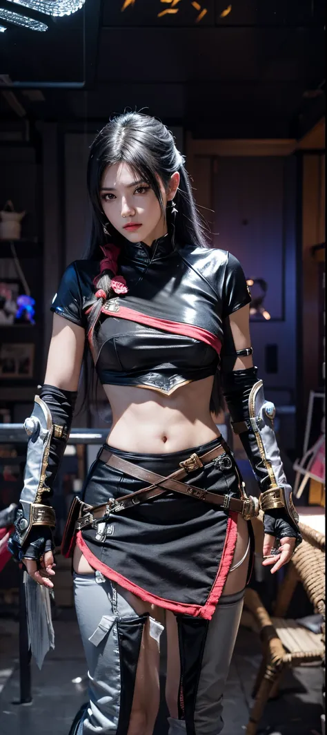 a close up of a person in a costume with a sword, as a character in tekken, female character, tifa lockhart with white hair, kat...