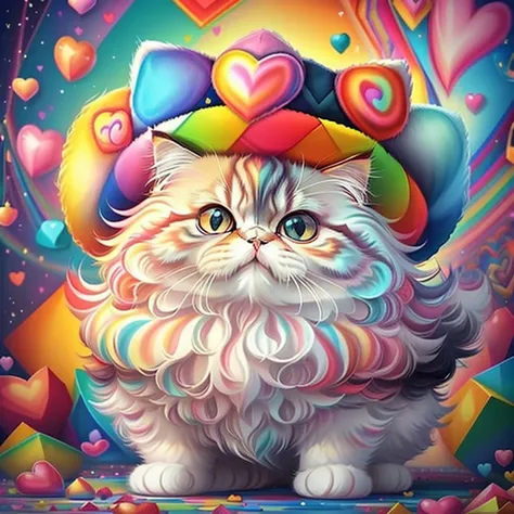 (cute baby persian cat with hat with lots hearts),(melhor pose),(best angle), (better expression), Eduardo Kobra acolchoamento ,multidimensional geometric wall PORTRAIT, arte, Chibi,
Yang08k, lindo, Colouring,
Primary works, qualidade superior, melhor qual...