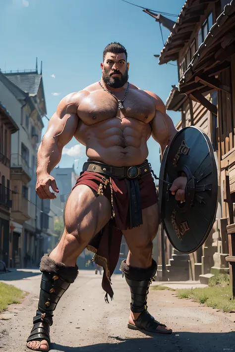 Masterpiece, ultrarealistic, a photo of Huge man, 190cm, big muscular body, big arms, big legs, big foots, mohawk, villager, medieval theme, dynamic pose, dark villager background