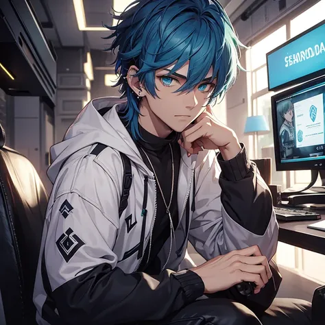 Young man, blue shaggy hair, emerald eyes, handsome, multiple piercings in ear, playing videogames