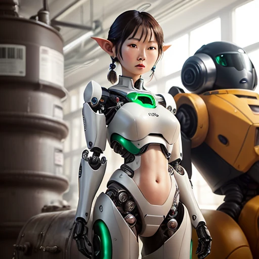 masterpiece, high quality, ultra-delailed,
A female robot leaking lubricant from its lower abdomen, the model is a Japanese woman in her 40s, silver metallic body, antenna-shaped ears, green eyes, expressionless