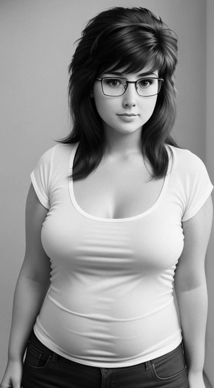 Realistic 80s photo on monochrome film; modest shy young plump Russian woman 38 years old, beautiful proportional round face, round cheeks, Round chin, Big shiny brown eyes, eyeglasses, beautiful proportional small snub nose, Parted plump sensual lips, Ser...