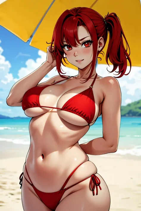 Cute girl, red hair, red eyes, big boobs, blusing, wearing yellow bikini, beach